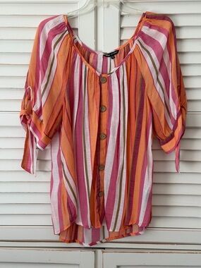 Unique Spectrum Striped Button-Front Blouse in Pink, Orange & White